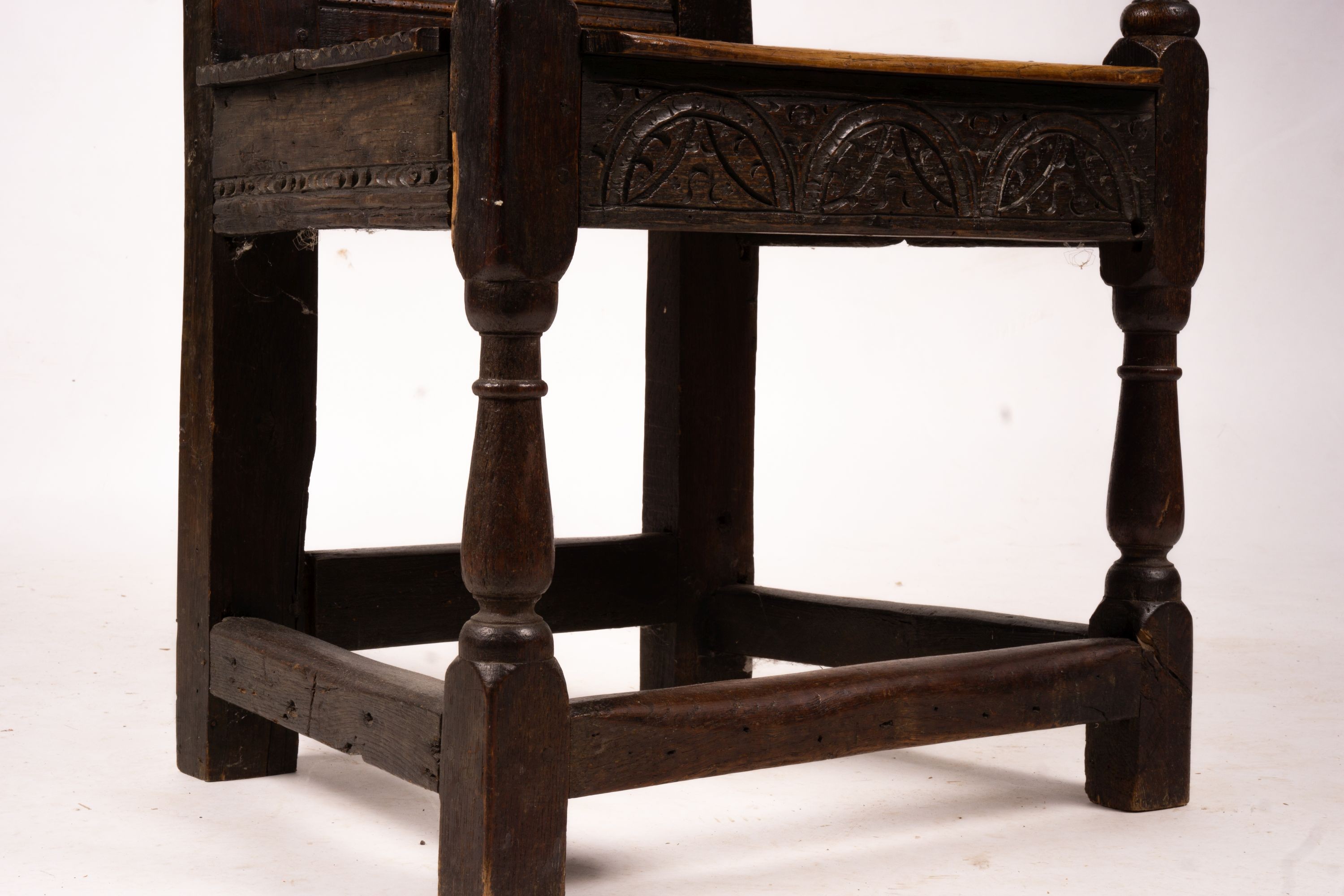 A 17th century style oak Wainscot chair, width 54cm, depth 52cm, height 104cm